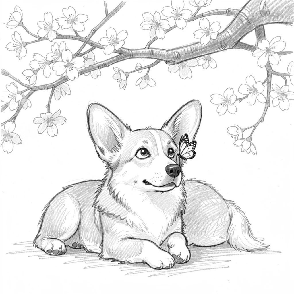 A curious corgi resting beneath a blooming cherry tree, with a butterfly resting on its nose.