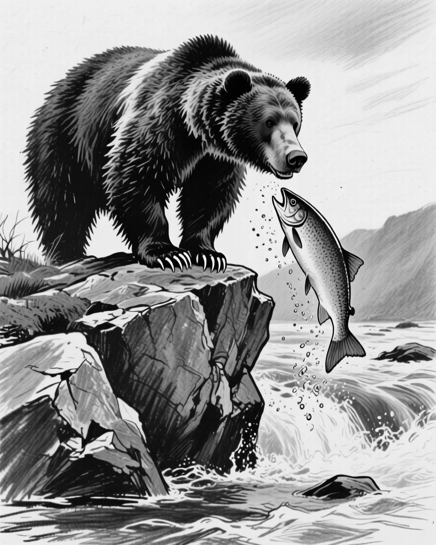 A grizzly bear catching salmon standing alert atop a rocky outcrop.