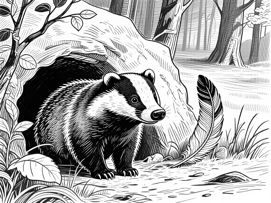 A badger at its den at the edge of a quiet forest, feathers fanned in fine detail, capturing a gentle and endearing moment in nature with a strong, centered focal point.