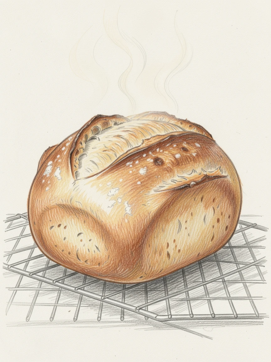 A rustic loaf of sourdough bread cooling on a wire rack, with steam gently rising into the warm air, celebrating the joy of shared meals and gatherings.