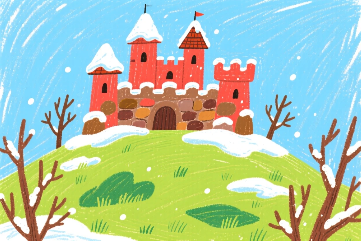 A hillside castle dusted with a light layer of fresh snow.