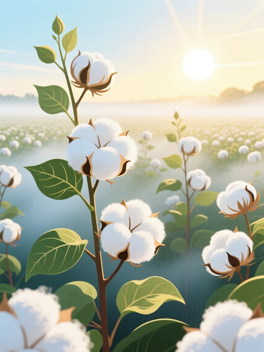 A field of cotton plants glowing white under the sun, surrounded by a gentle layer of morning mist, captured from a low vantage point to emphasize scale, with delicate textures visible in every leaf and petal.
