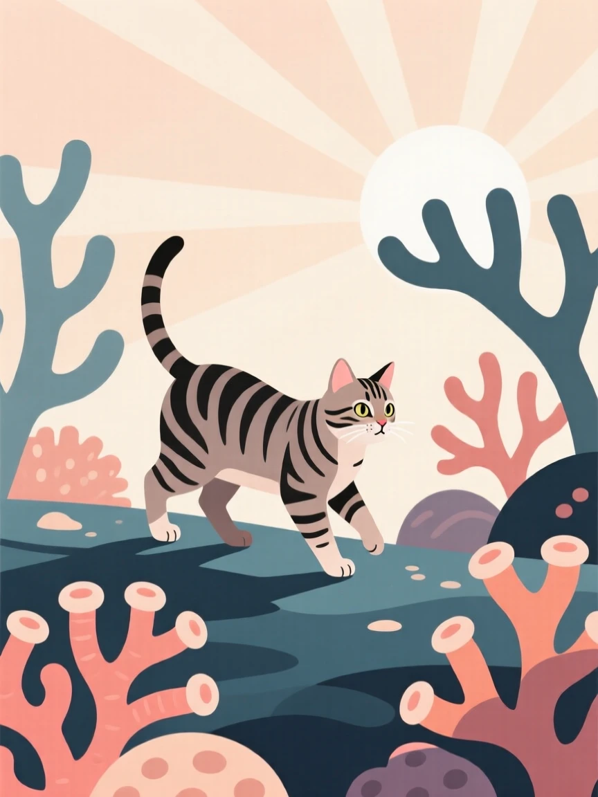 A curious tabby cat pausing in a coral reef, with soft morning light in the background, radiating protective warmth.