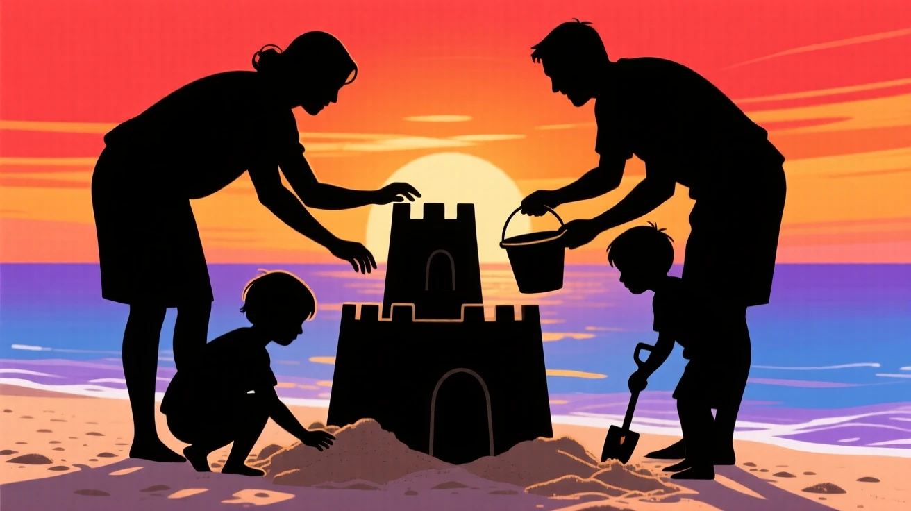 A family of four building a sandcastle together at the water's edge.