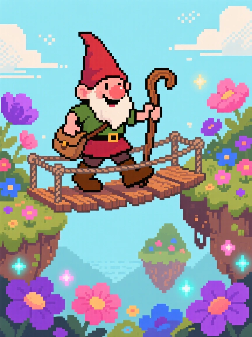 A mischievous gnome crossing a rope bridge between floating islands, within a garden of oversized enchanted flowers.