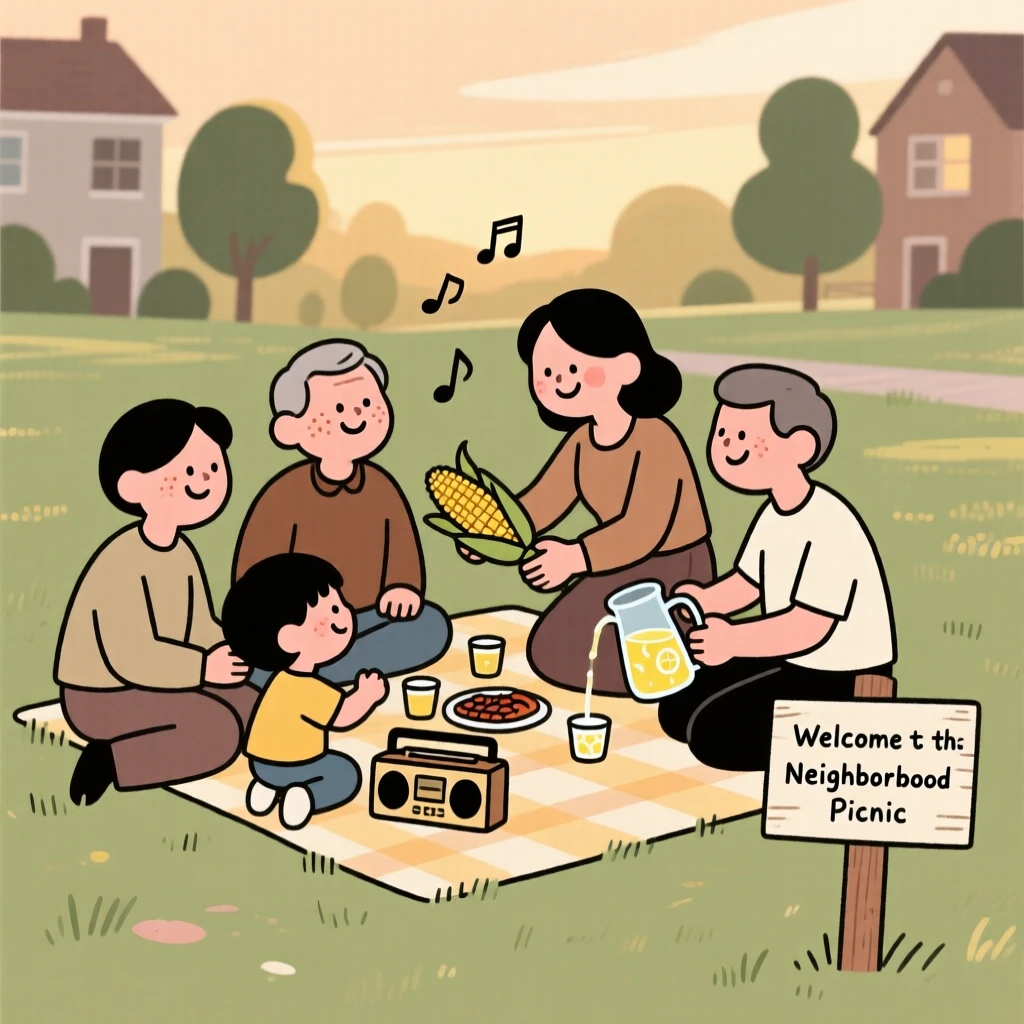 Neighbors gather for a neighborhood picnic in the local park, sharing grilled corn and lemonade and conversation as music from a small radio fills the warm evening air.
