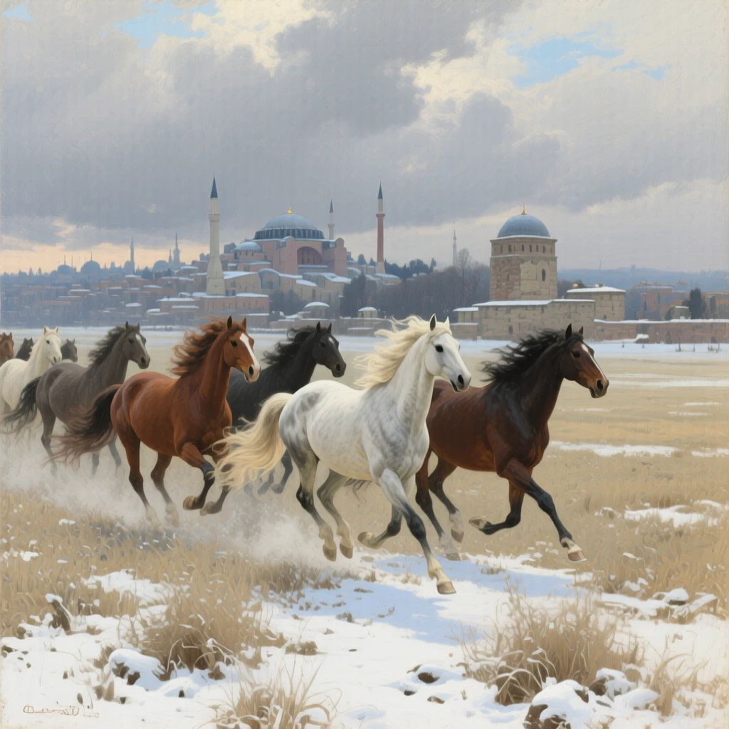 A medium shot of a herd of wild horses galloping across an open plain, in old Istanbul, in deep winter, beneath drifting clouds.