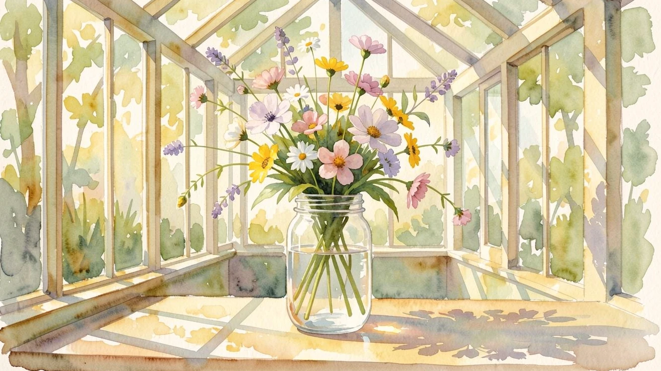 A still life of wildflowers in a mason jar in a sunlit greenhouse.
