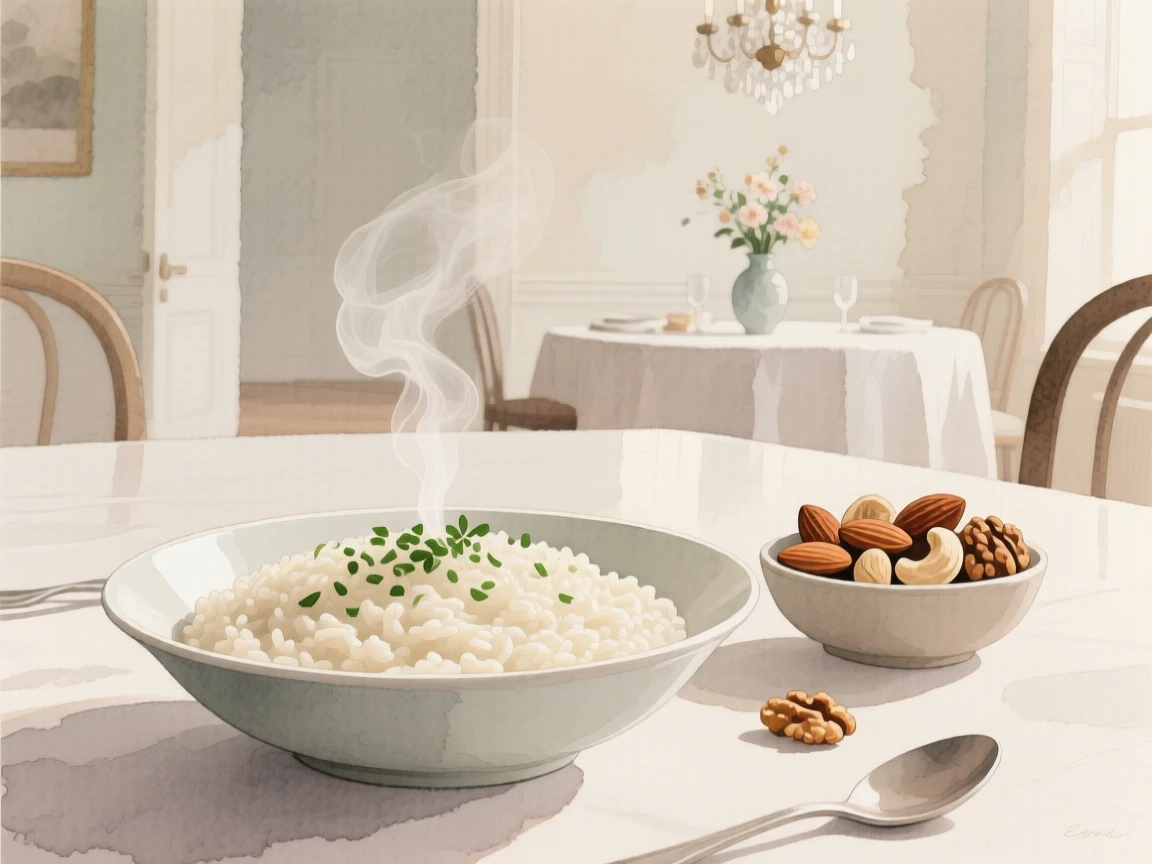 A bowl of creamy risotto sits beside a bowl of mixed nuts in an elegant dining room, arranged beautifully for a delightful meal