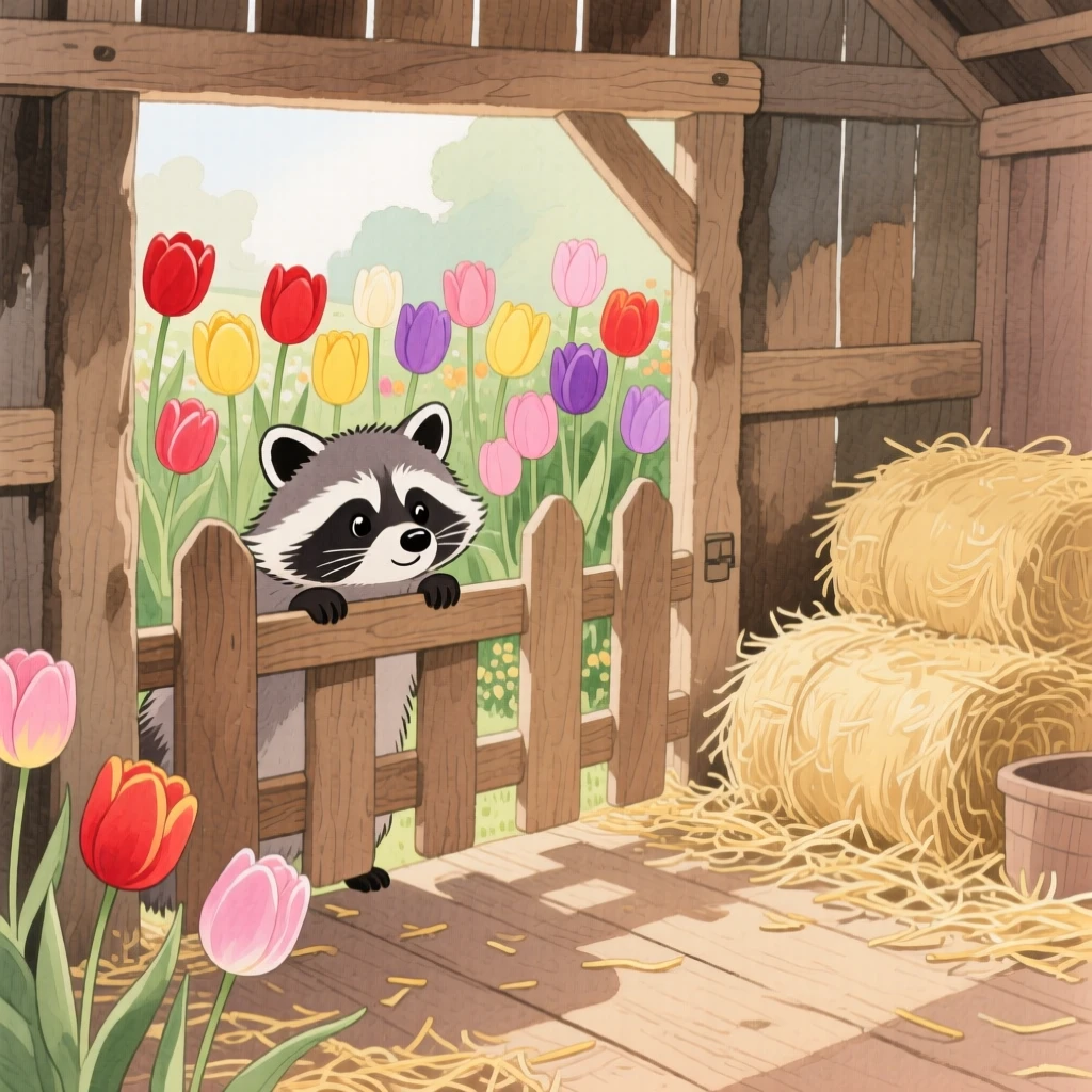A shy raccoon peeking through a fence at a garden full of tulips, set in a rustic barn filled with soft hay, capturing a fleeting moment of quiet contentment.
