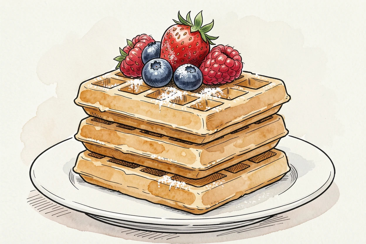 A stack of golden waffles topped with fresh berries and a dusting of powdered sugar