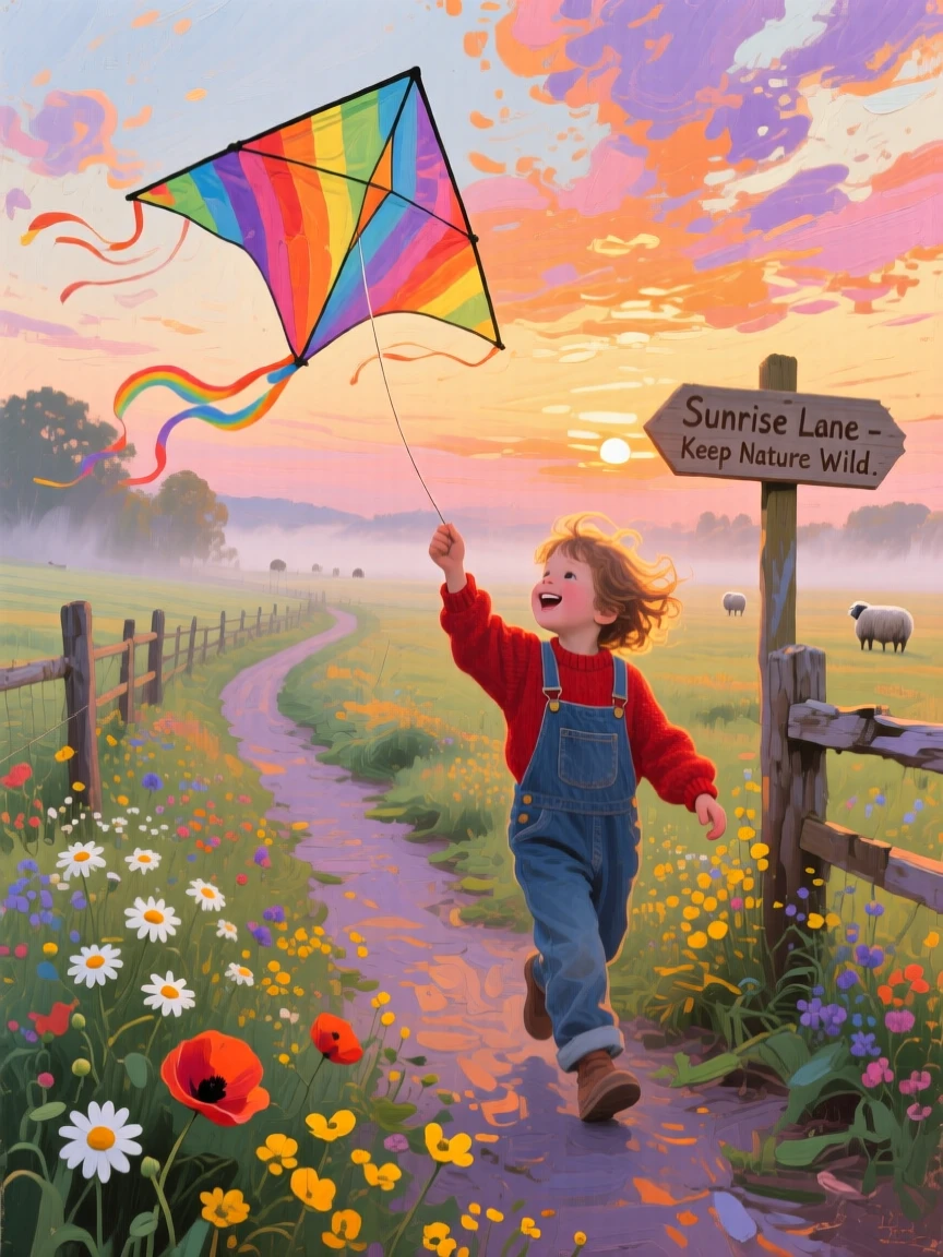 a child flying a kite beside a country lane, at sunrise, from an inviting eye-level viewpoint.