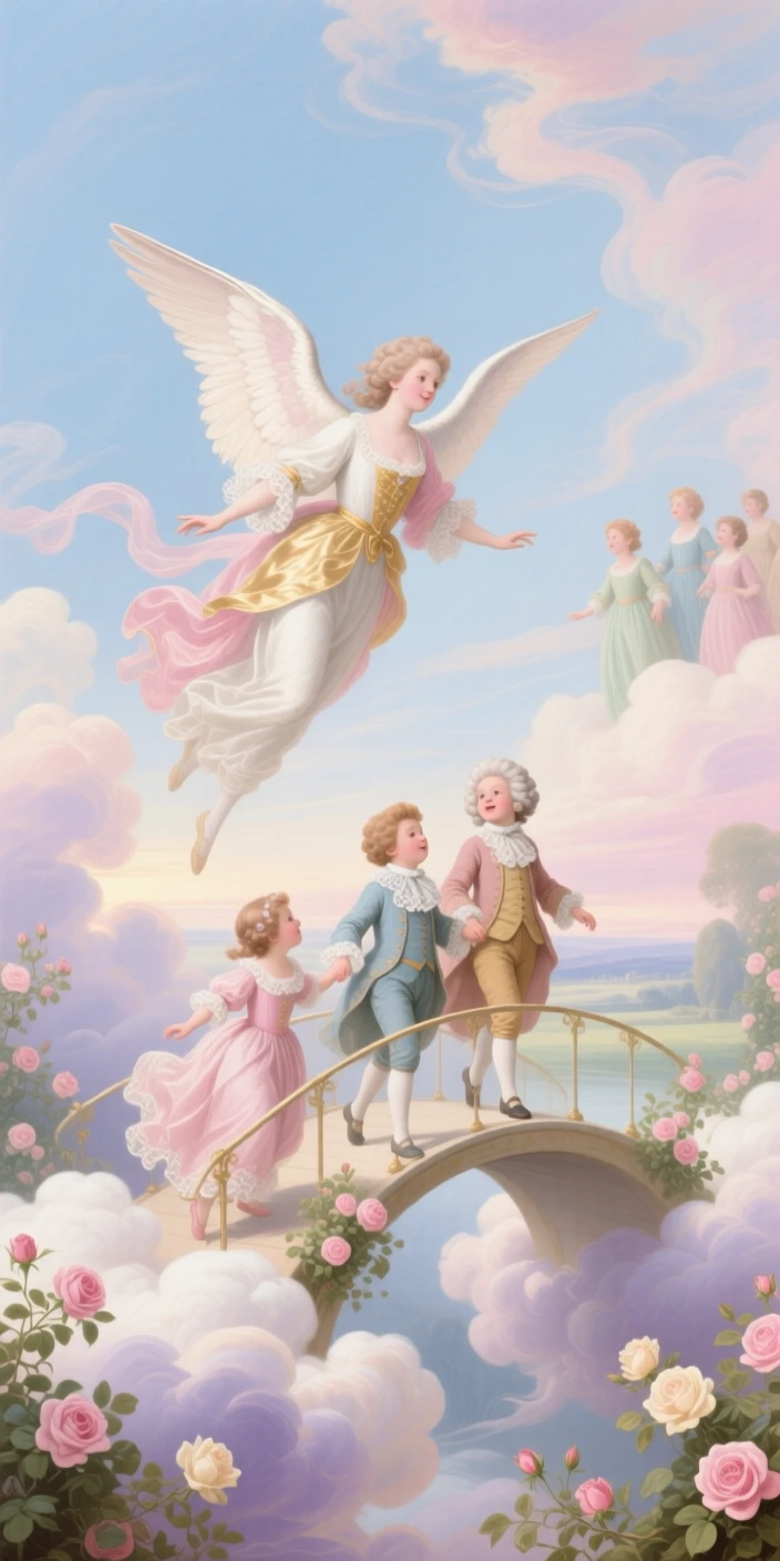 A winged messenger leading children across a bridge of clouds  