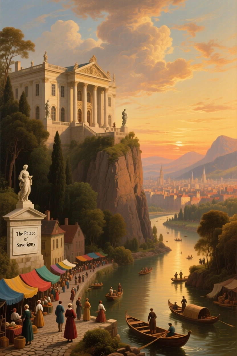 A grand palace overlooks a city bustling with life along the riverbanks.