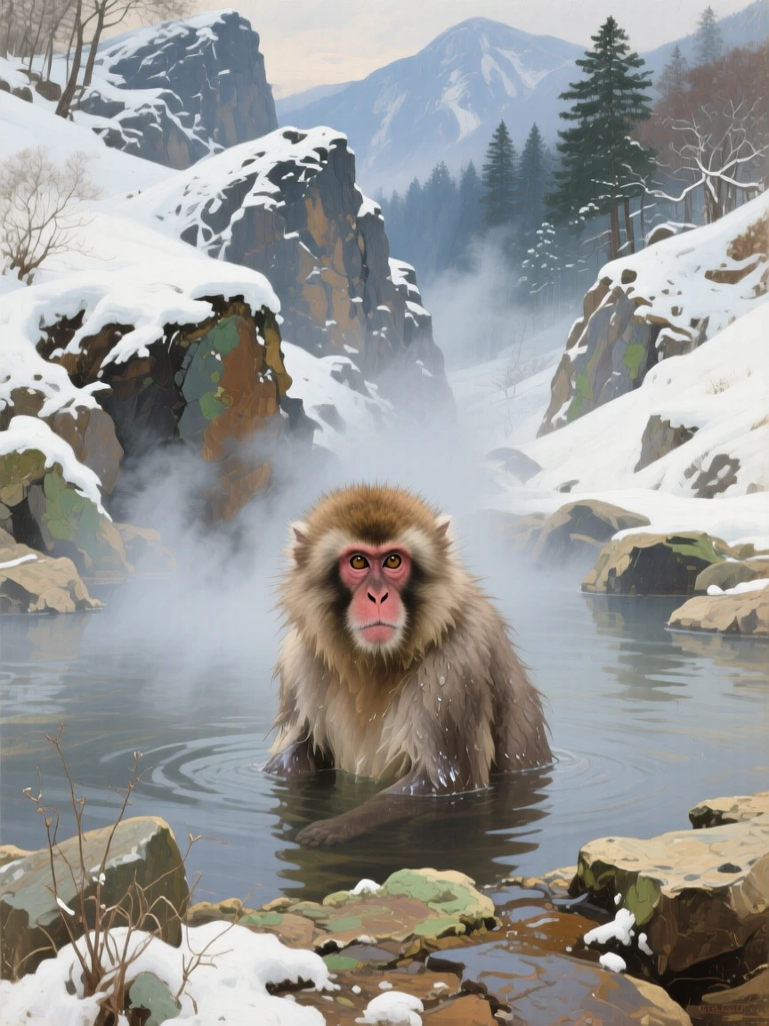 A snow monkey soaking peacefully in a steaming hot spring, its eyes sharp and fully alert to the surroundings, celebrating the raw beauty and dignity of the animal kingdom