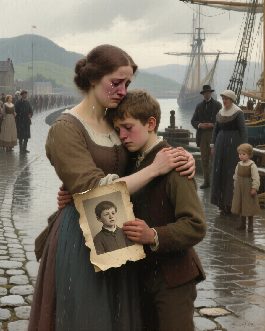 A mother reuniting with her long-lost son at a bustling harbor as tears and gratitude mix in equal measure, set on a rain-soaked road leading toward distant hills, with a faded photograph clutched tightly to a chest; the surrounding onlookers form a soft frame around the emotional core, overflowing with tenderness, relief, and quiet triumph.