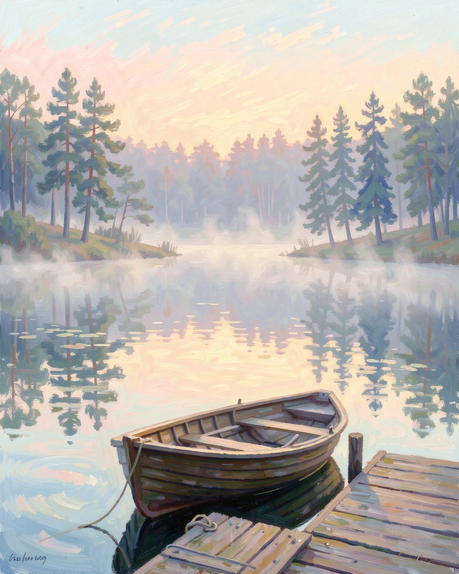 A quiet lake at dawn, mist rising off the still water, a lone wooden rowboat tied to a small dock, pine trees reflected on the surface.