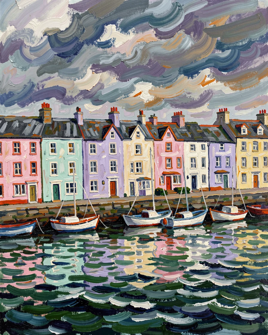 A row of pastel townhouses along a harbor in Ireland under a dramatic cloudy sky.