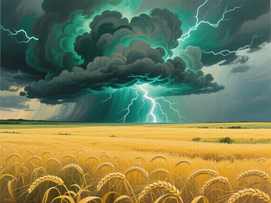 A powerful supercell thunderstorm looms over the flat plains of Kansas, lightning striking the earth in the distance, golden wheat fields rippling in the wind beneath the dark green-tinged clouds.