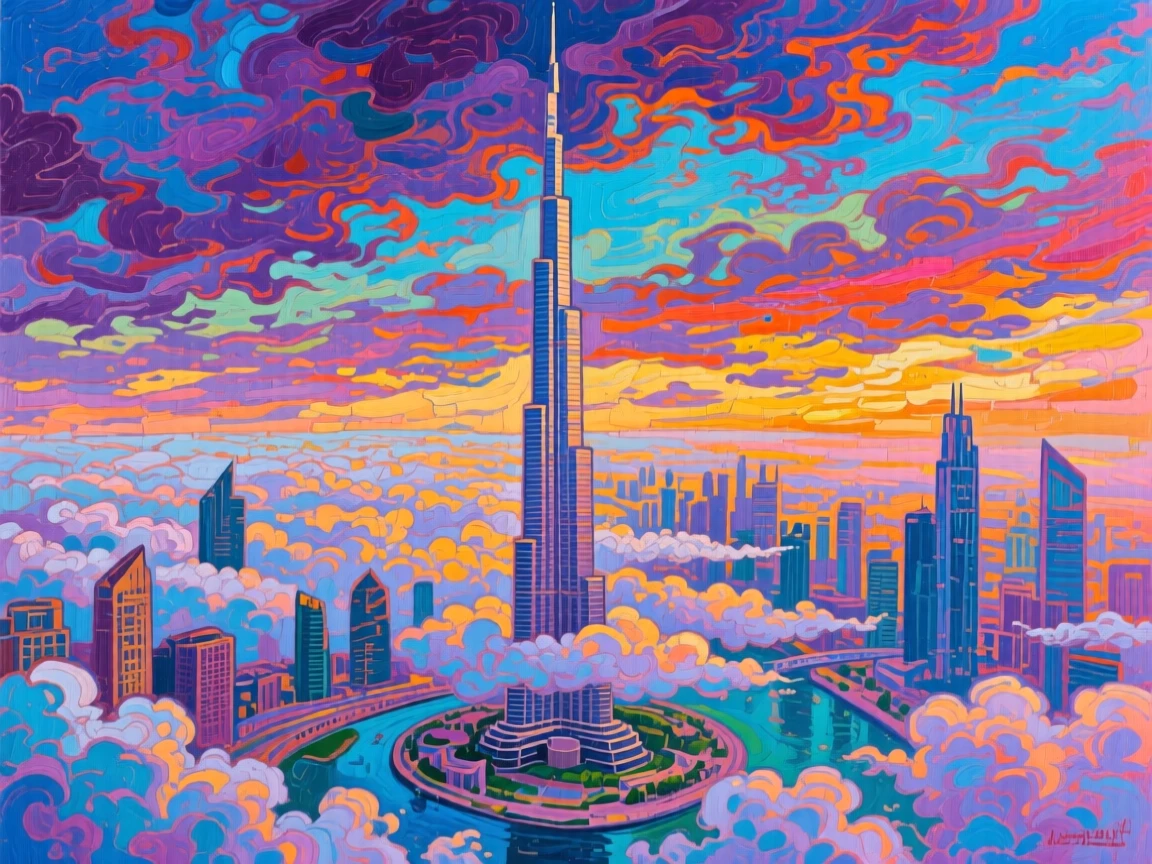 A dramatic view of the Burj Khalifa piercing through low clouds above the Dubai skyline