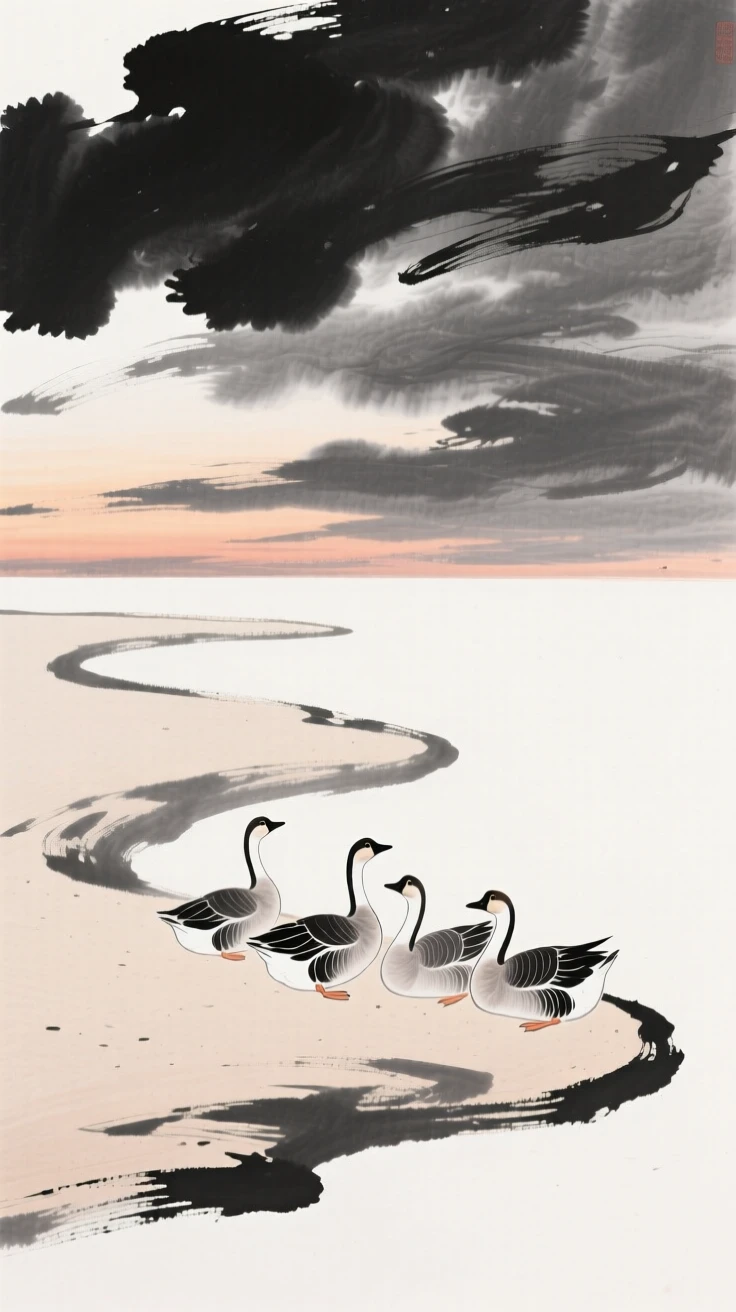 A flock of geese rests on a sandbar at dusk, beneath a sky filled with drifting clouds.