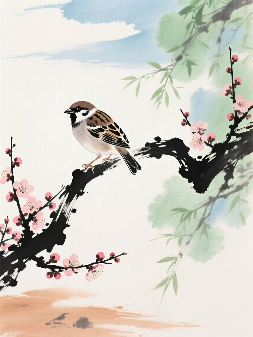 A small sparrow perched on a blossoming plum branch, evoking a sense of quiet solitude.