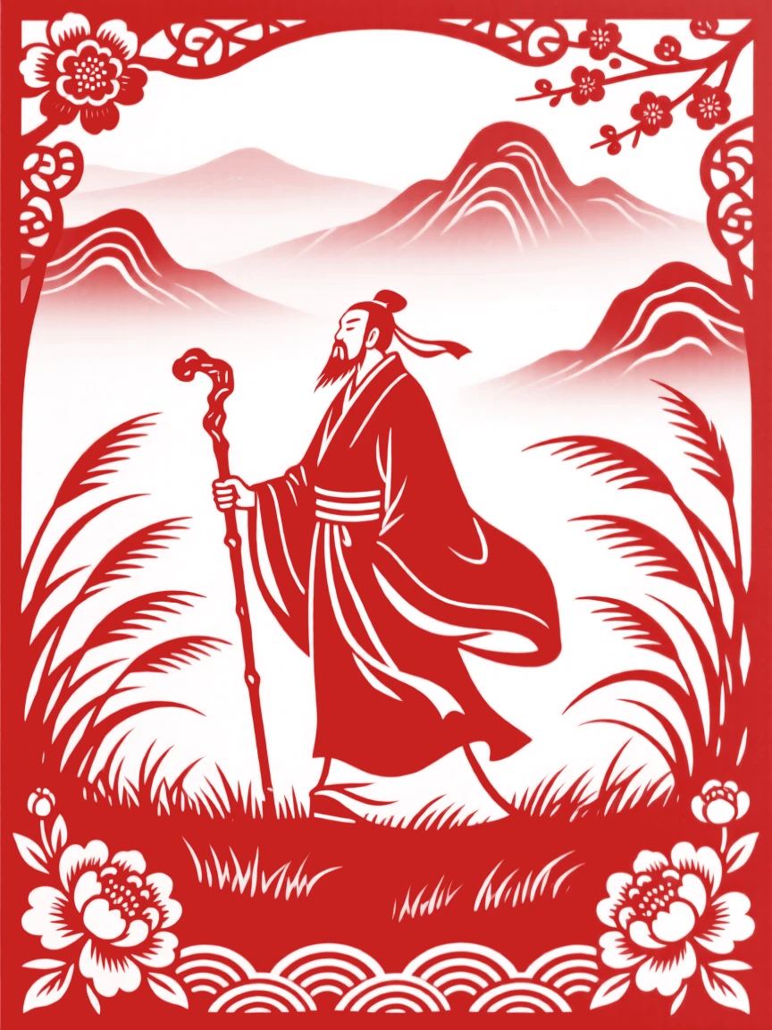 A composition of a scholar with a walking staff across a windswept grassland, distant peaks fading into layers of mist.