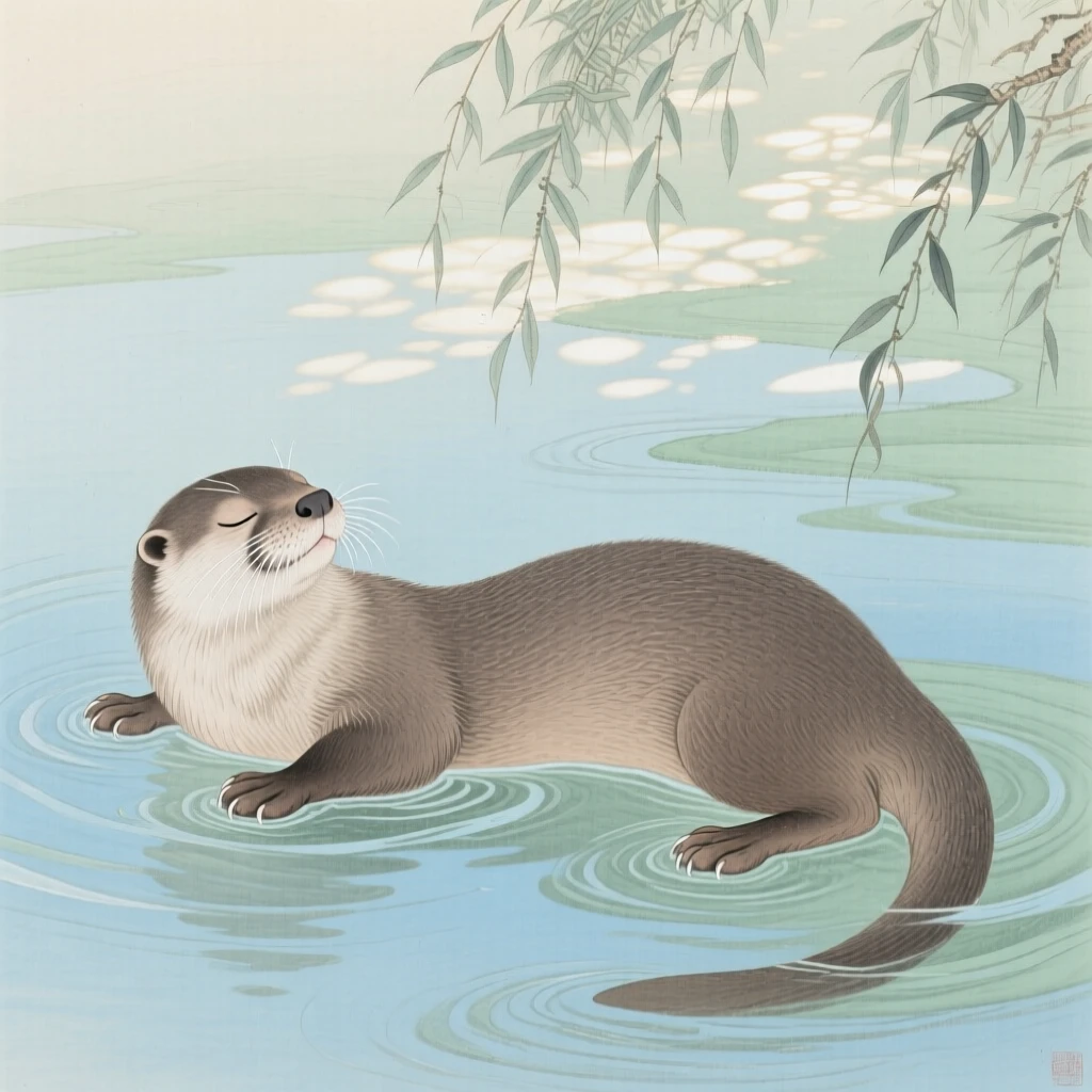 An otter floating on its back in a calm river in clear water dappled with sunlight