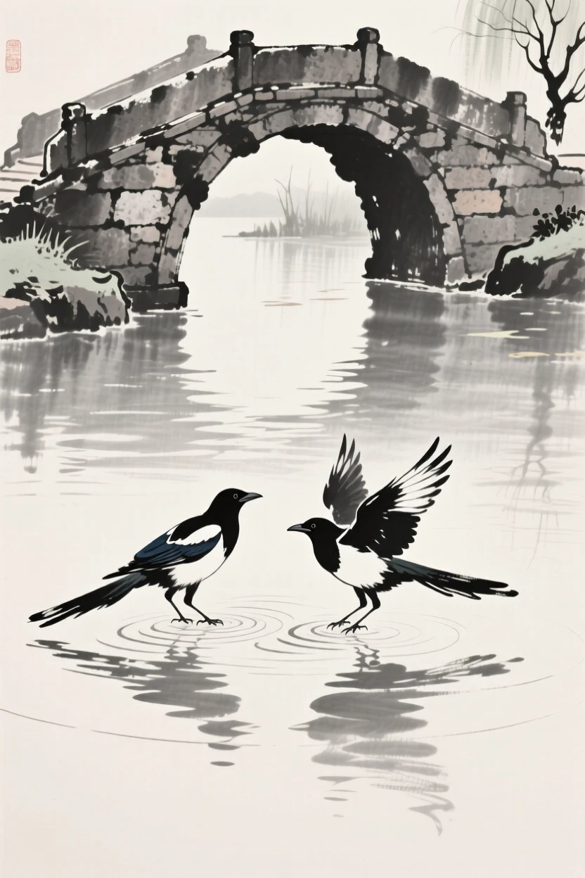A pair of magpies skimming the surface of a quiet pond near an old stone bridge, seen up close with delicate feather detail, suggesting renewal and the gentle passage of seasons.