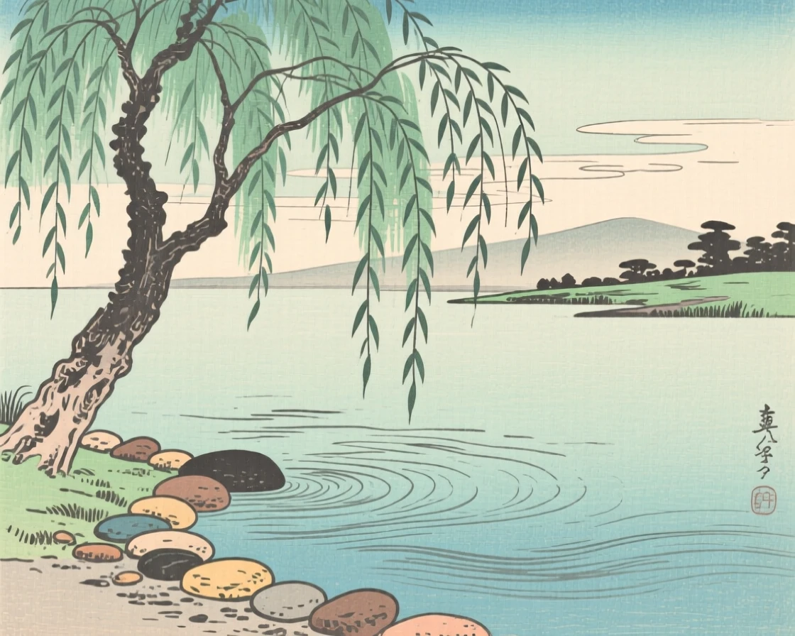 A willow tree trailing over still water, bordered by carefully placed stones.