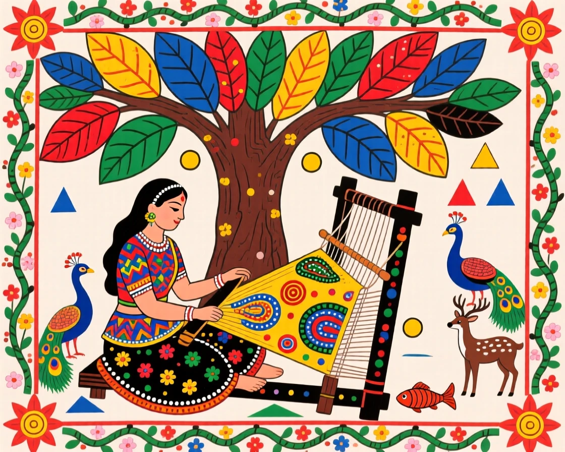 A weaver working a handloom beneath the shade of a courtyard tree.