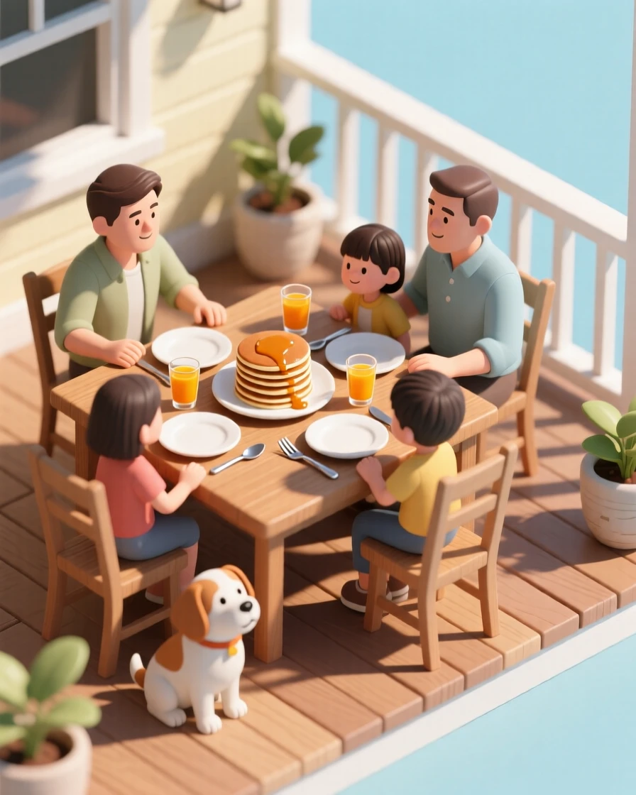 A family gathered around a breakfast table on a sunlit porch, pancakes stacked high, orange juice glasses catching morning light, and a dog waiting hopefully beneath the table.