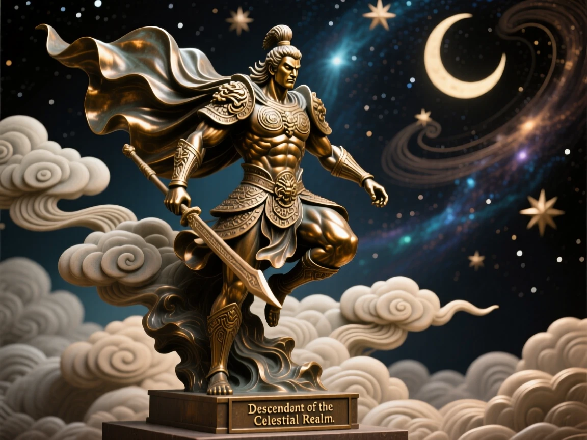 A warrior god descending from the clouds, set against a vast celestial backdrop, radiating awe and grandeur