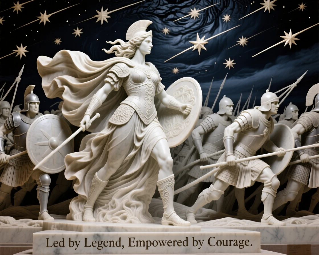A warrior queen leading her army into battle, under a sky filled with shooting stars, radiating power and legend