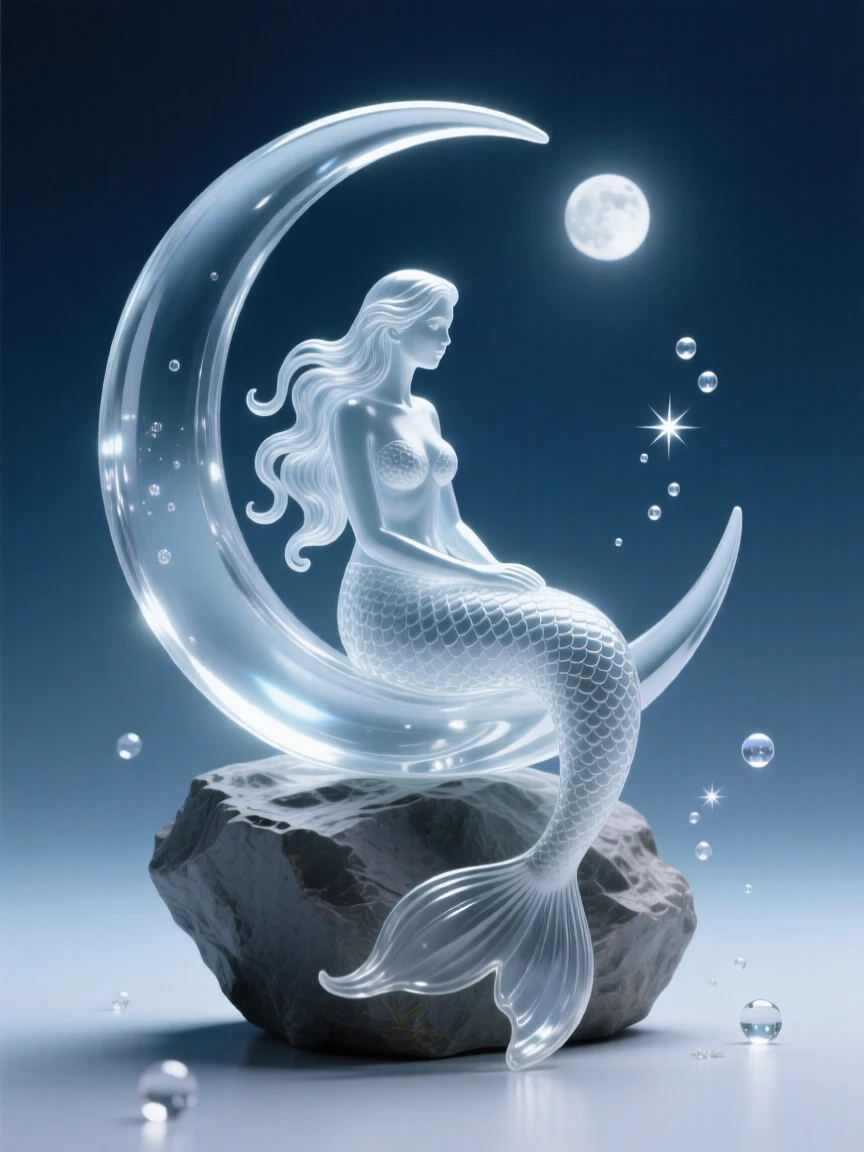 A mermaid sitting on a moonlit rock, bathed in soft magical light with drifting sparkles in the air, epic and awe-inspiring composition, evoking wonder and adventure.