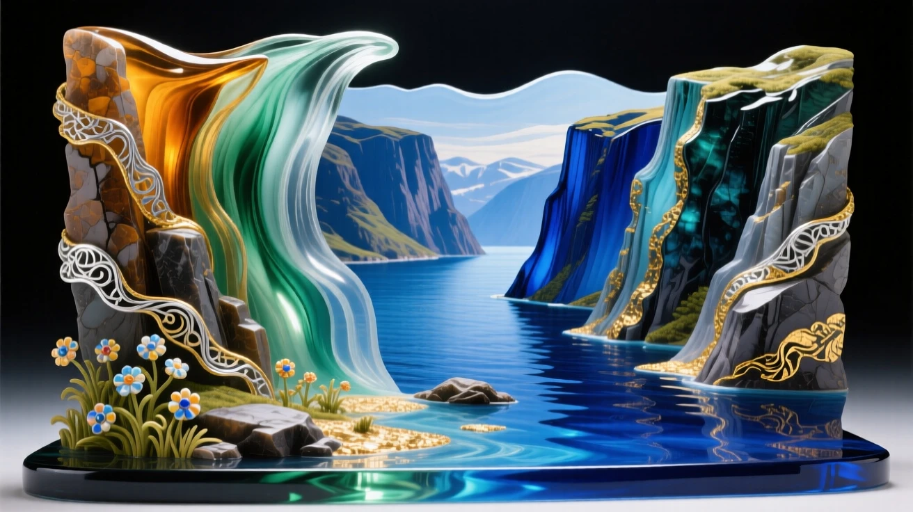 A dramatic fjord with sheer cliffs plunging into deep blue water, majestic and vast.