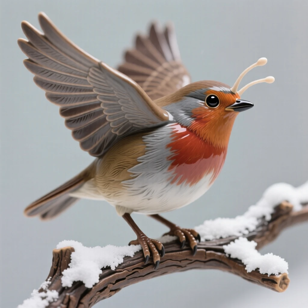 A robin perched on a snow-dusted branch captured mid-flight with wings fully spread, with delicate antennae catching the breeze, stirring quiet joy and gentle wonder.