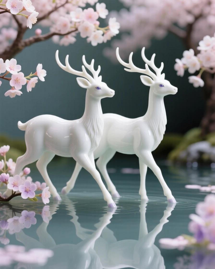A pair of deer gliding together across a still pond beside a cherry blossom grove.