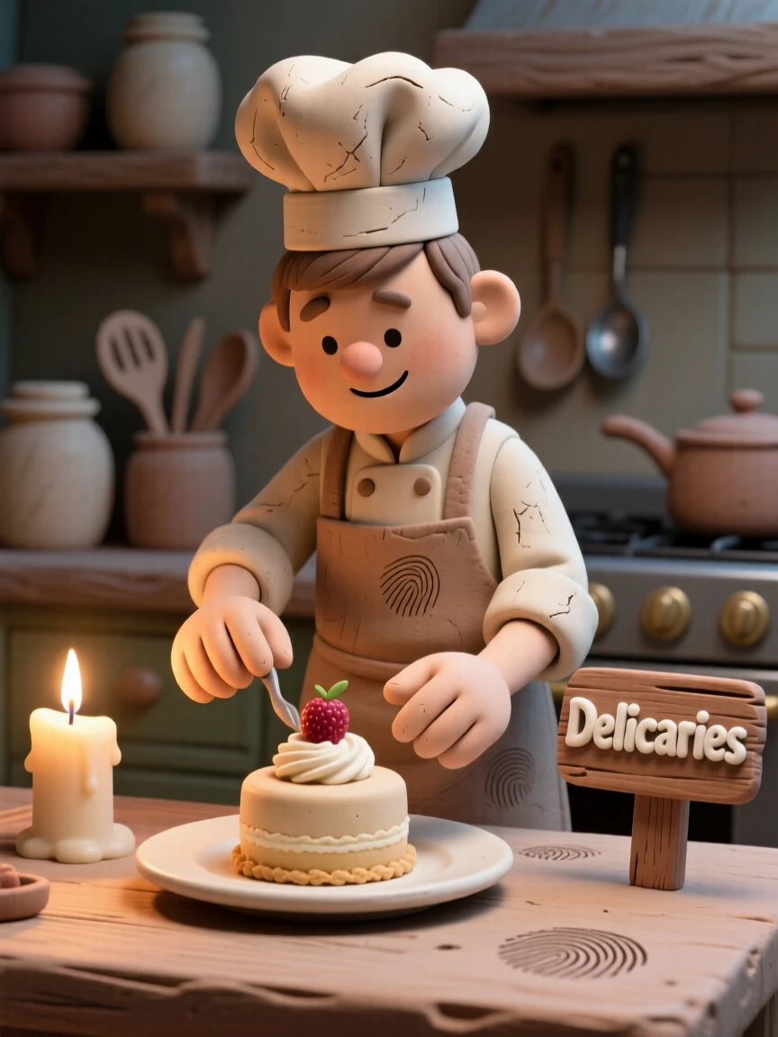 A chef carefully plating a delicate dessert in a candlelit kitchen