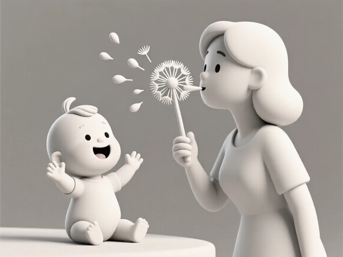 A baby girl claps and laughs as her mother blows a dandelion, seeds drifting past her delighted face.