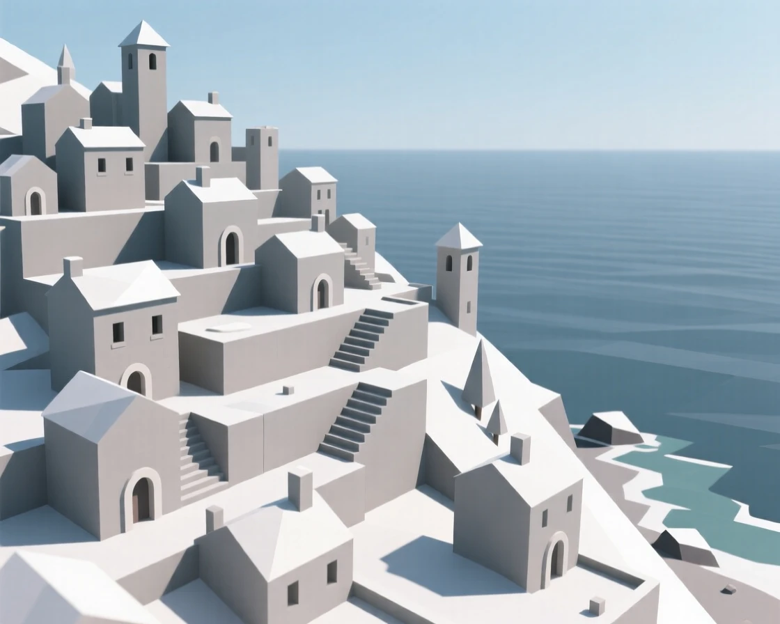 A terraced hillside town overlooking the sea, dusted lightly with fresh snow. the framing draws the eye along a natural leading line. The place feels steeped in history.