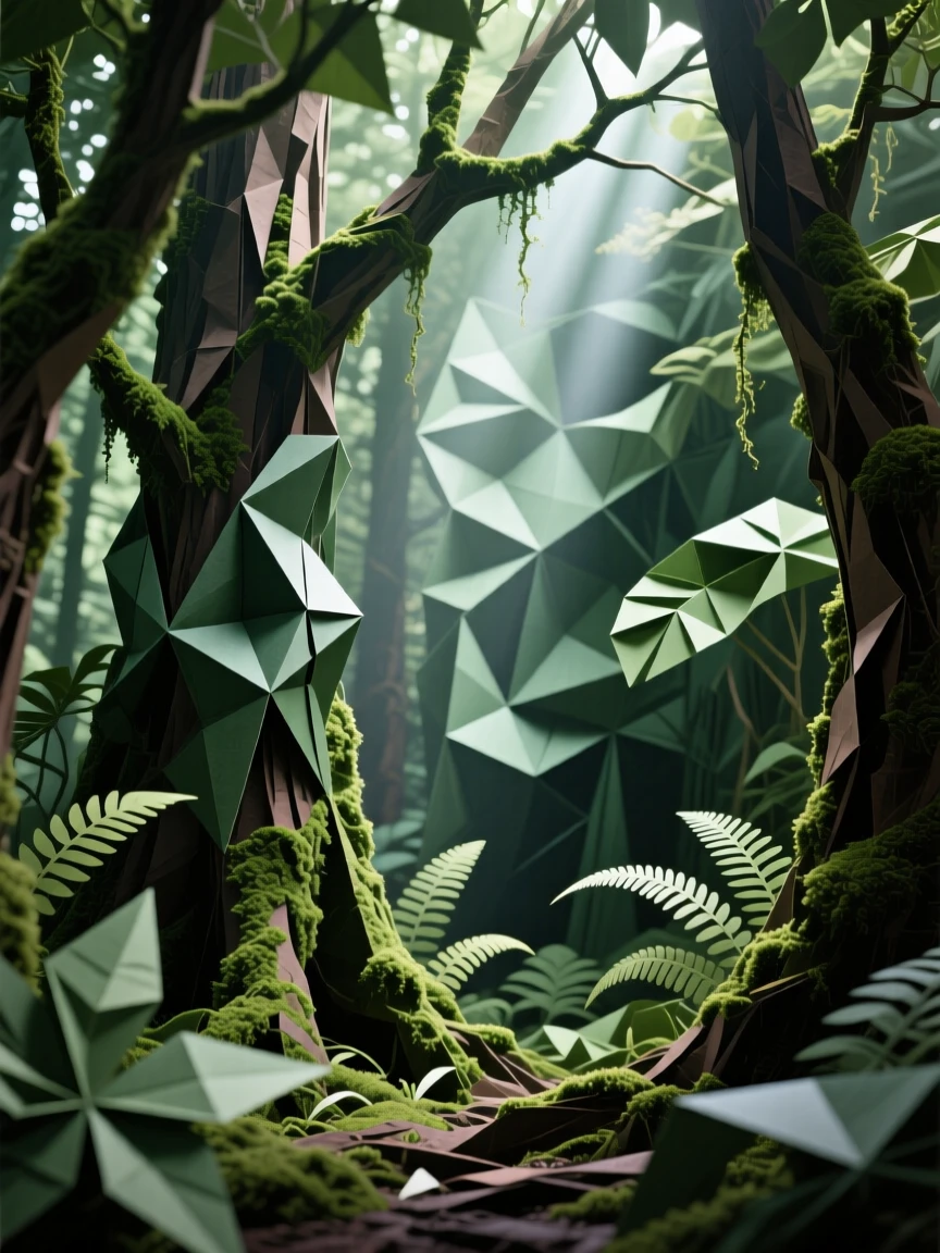 A dense old-growth forest with massive moss-covered trees and shafts of light breaking through the canopy.