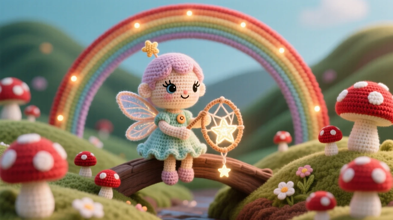 In a rainbow bridge arching over a quiet valley, a tiny star-catcher fairy with a small glowing net is captured scooping up a falling star, surrounded by a ring of softly glowing toadstools, filled with a cozy, storybook enchantment.