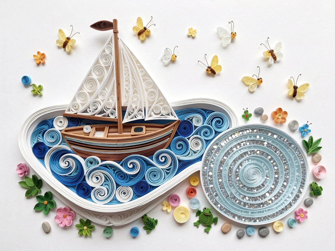 a toy sailboat racing across a bathtub sea, beside a sparkling toy pond, framed with charming small details scattered throughout, with tiny glowing fireflies scattered about.