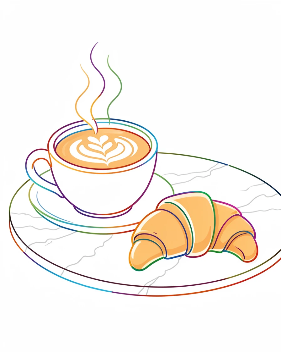 A steaming cup of coffee with delicate latte art resting beside a croissant on a marble table.