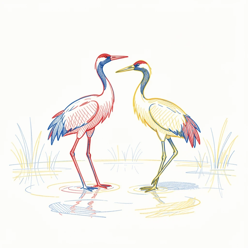A pair of cranes dancing together in a shallow wetland at dawn