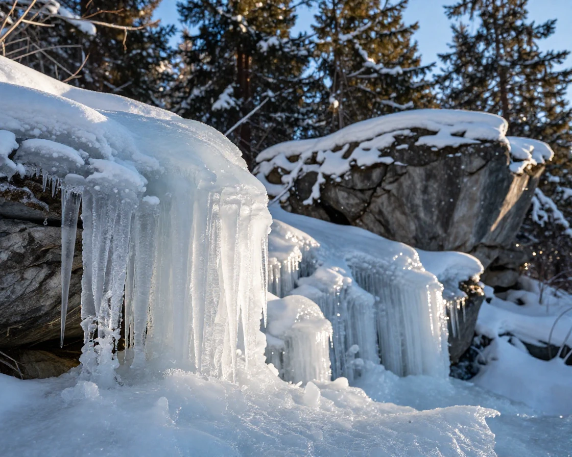 Icicles hanging from a frozen waterfall