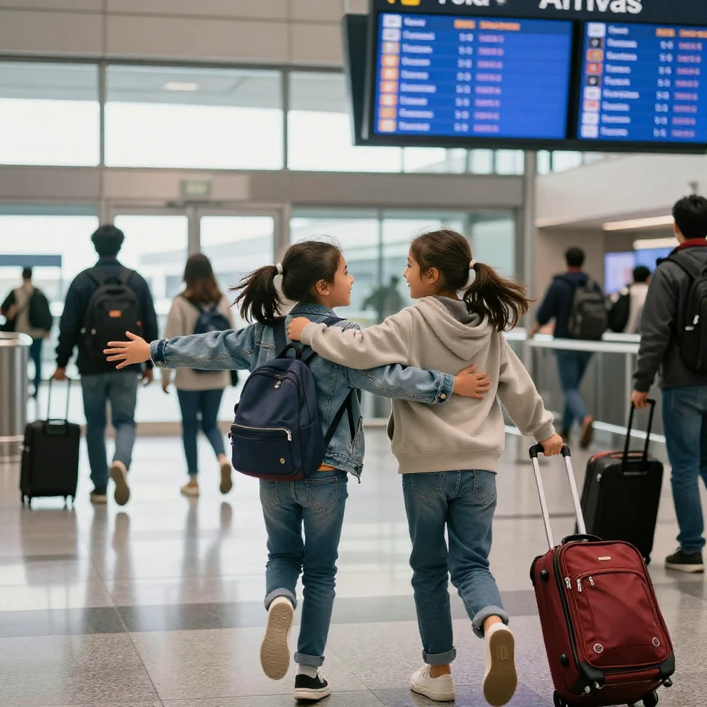 Two childhood best friends reunite at an airport arrivals gate, running toward each other with arms wide open.