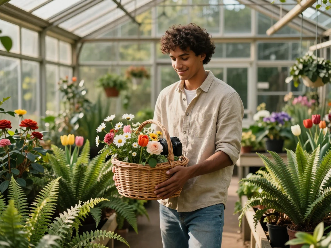 A young gardener carrying a basket of fresh flowers inside a sunlit greenhouse full of ferns, a gentle smile crossing their face