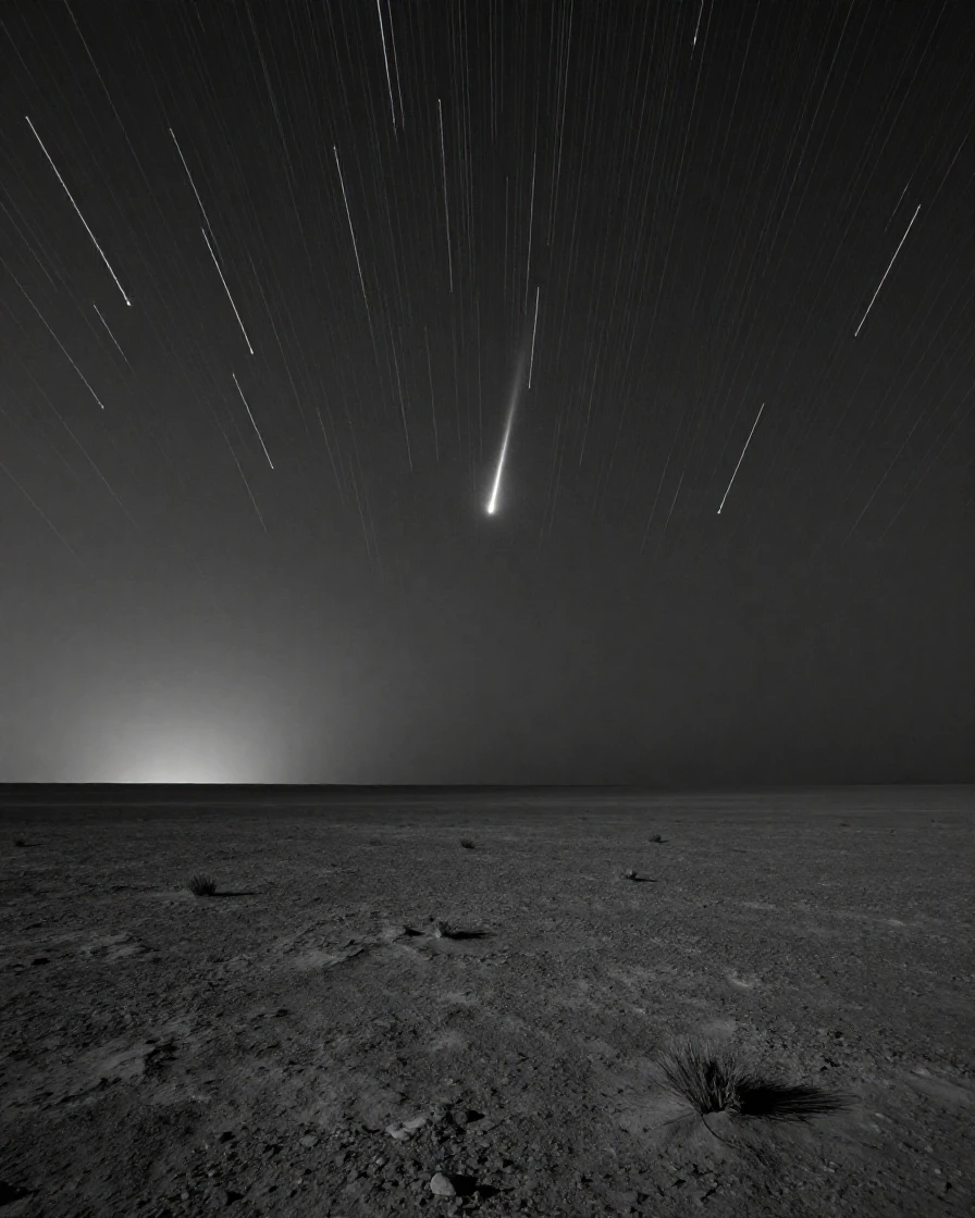 A meteor shower streaks across the midnight sky over a quiet desert plain.